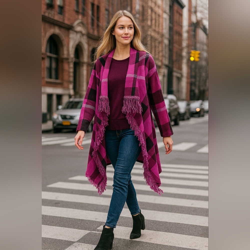 Notations Pink Plaid Fringe Cardigan – Cozy Open Front Sweater Jacket L